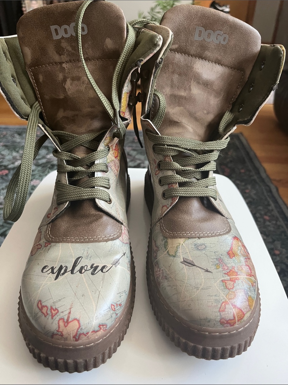 DOGO 'Explore' Map-Print Lace-Up Boots in Olive/Brown